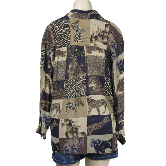VTG SILK Safari BOHO M Africa Animal Print Button Front Novelty Top Retro Brown - Picture 5 of 10
